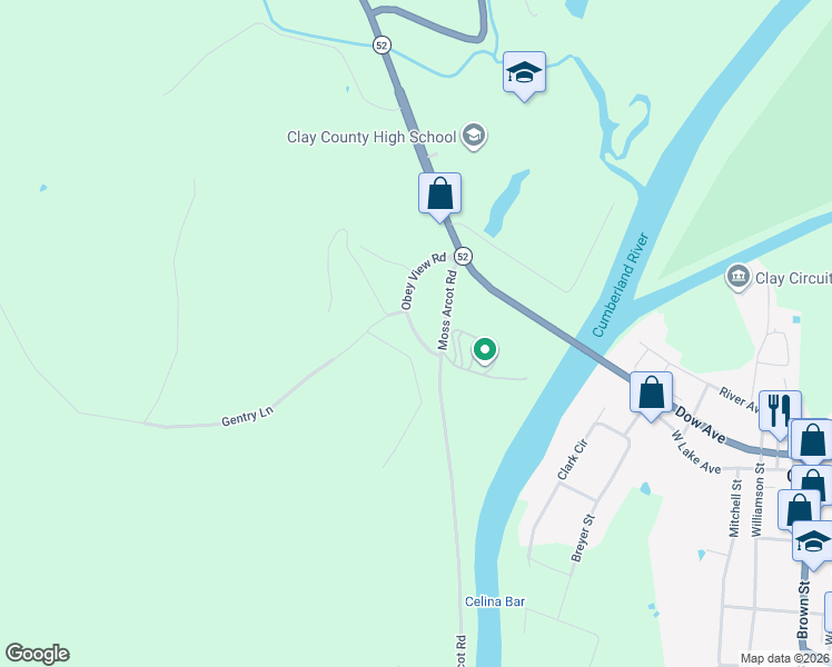 map of restaurants, bars, coffee shops, grocery stores, and more near Obey View Road in Celina