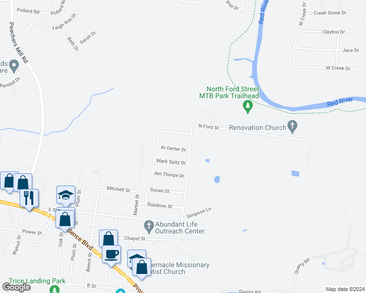 map of restaurants, bars, coffee shops, grocery stores, and more near 203 Al Oerter Drive in Clarksville