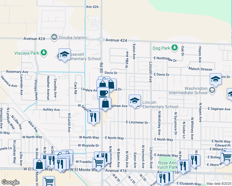 map of restaurants, bars, coffee shops, grocery stores, and more near 1071 North Bates Avenue in Dinuba