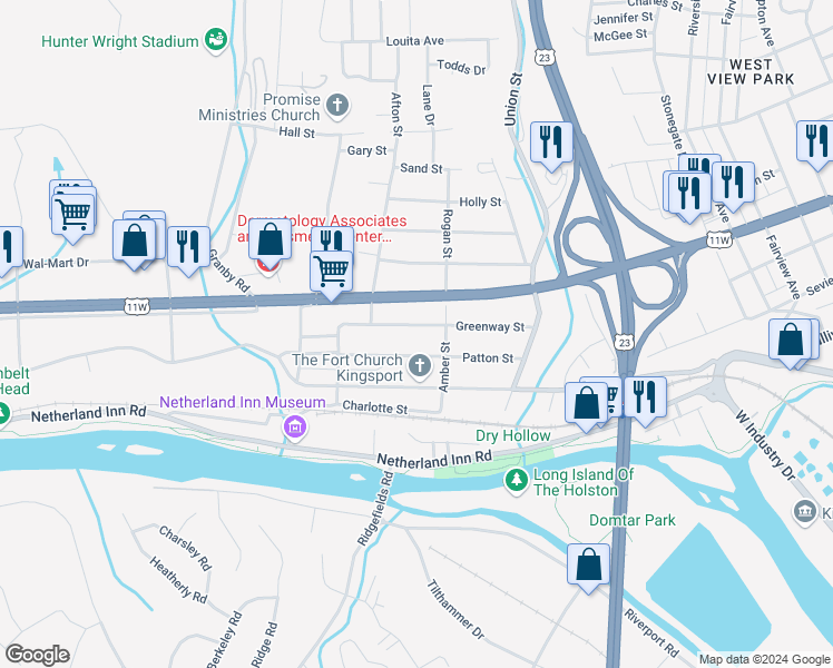 map of restaurants, bars, coffee shops, grocery stores, and more near 2000 Greenway Street in Kingsport