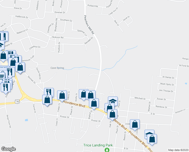 map of restaurants, bars, coffee shops, grocery stores, and more near 707 Peachers Drive in Clarksville
