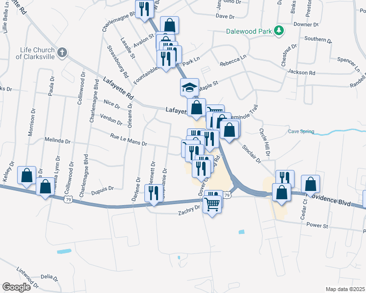 map of restaurants, bars, coffee shops, grocery stores, and more near 273 Fritz Circle in Clarksville