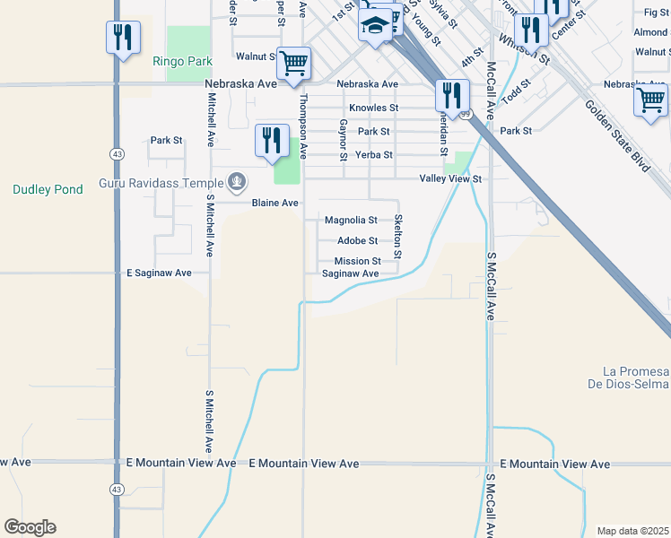 map of restaurants, bars, coffee shops, grocery stores, and more near 2411 Mission St in Selma