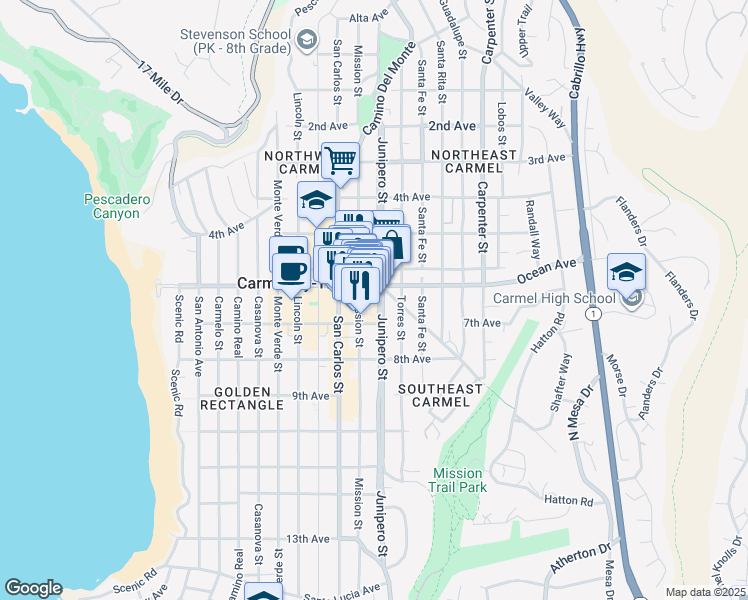 map of restaurants, bars, coffee shops, grocery stores, and more near Mission Street in Carmel-by-the-Sea