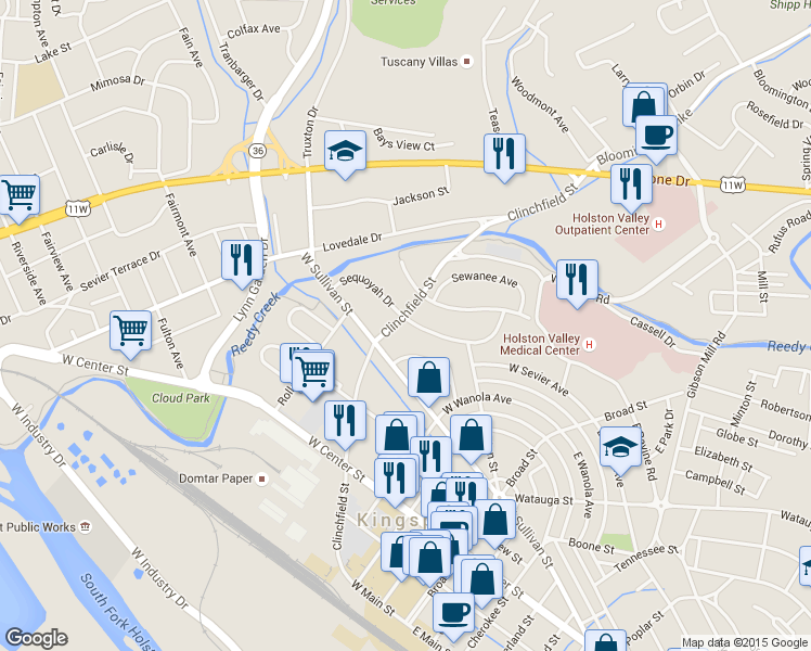 map of restaurants, bars, coffee shops, grocery stores, and more near 609 Clinchfield Street in Kingsport