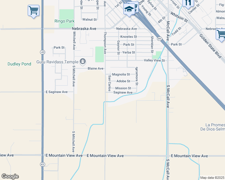 map of restaurants, bars, coffee shops, grocery stores, and more near 2423 Mission St in Selma