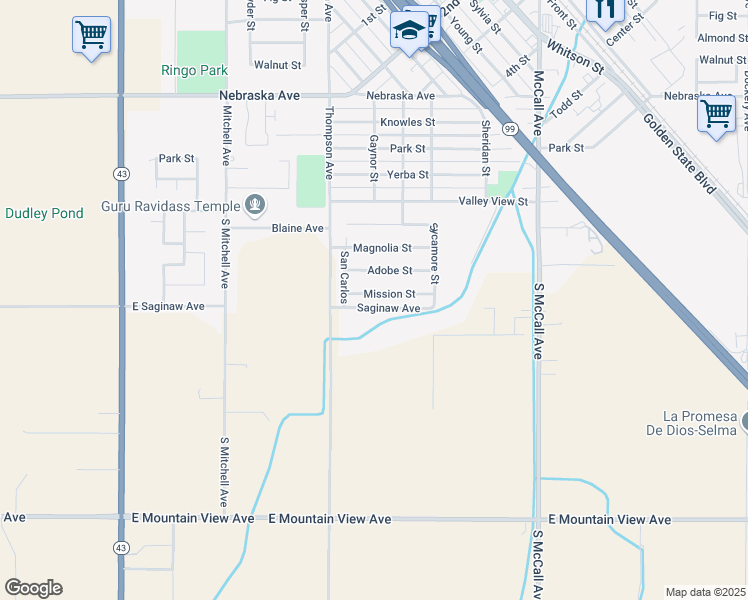 map of restaurants, bars, coffee shops, grocery stores, and more near 2333 Mission St in Selma