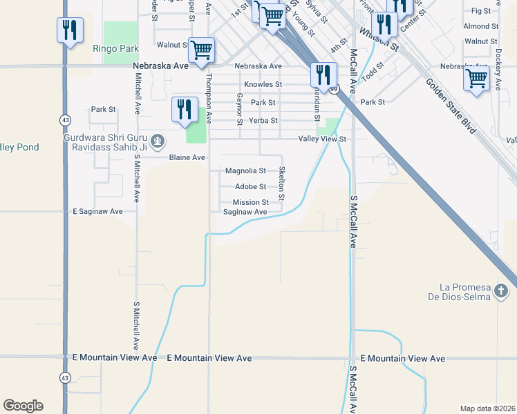 map of restaurants, bars, coffee shops, grocery stores, and more near 2303 Mission St in Selma