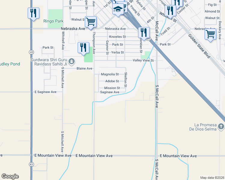 map of restaurants, bars, coffee shops, grocery stores, and more near 2315 Mission St in Selma