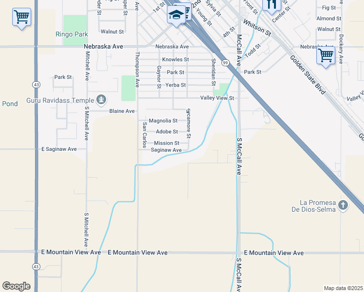 map of restaurants, bars, coffee shops, grocery stores, and more near 2213 Mission St in Selma