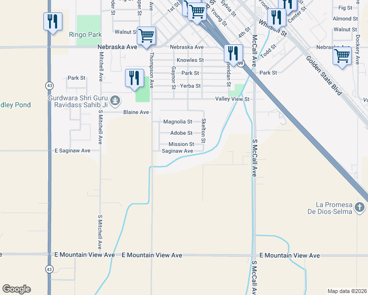 map of restaurants, bars, coffee shops, grocery stores, and more near 2309 Mission St in Selma