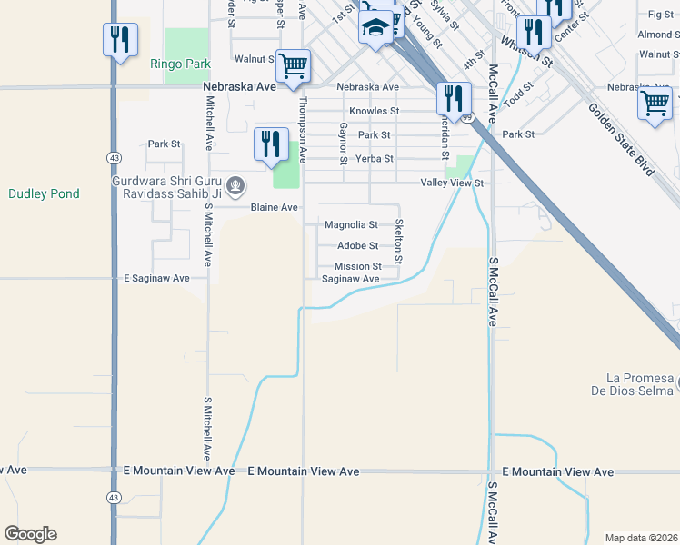 map of restaurants, bars, coffee shops, grocery stores, and more near 2405 Mission St in Selma