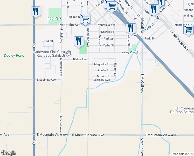 map of restaurants, bars, coffee shops, grocery stores, and more near 2411 Mission St in Selma