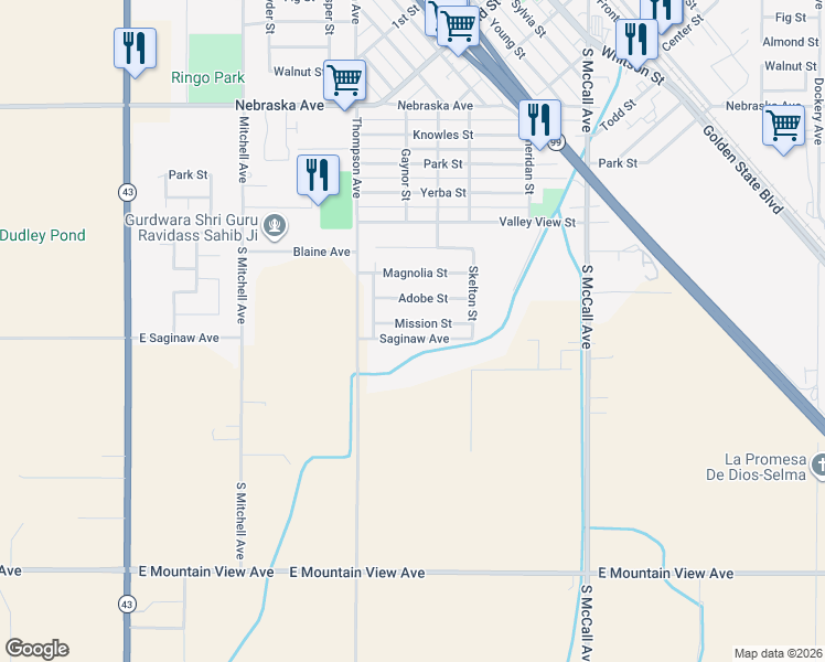 map of restaurants, bars, coffee shops, grocery stores, and more near 2327 Mission St in Selma