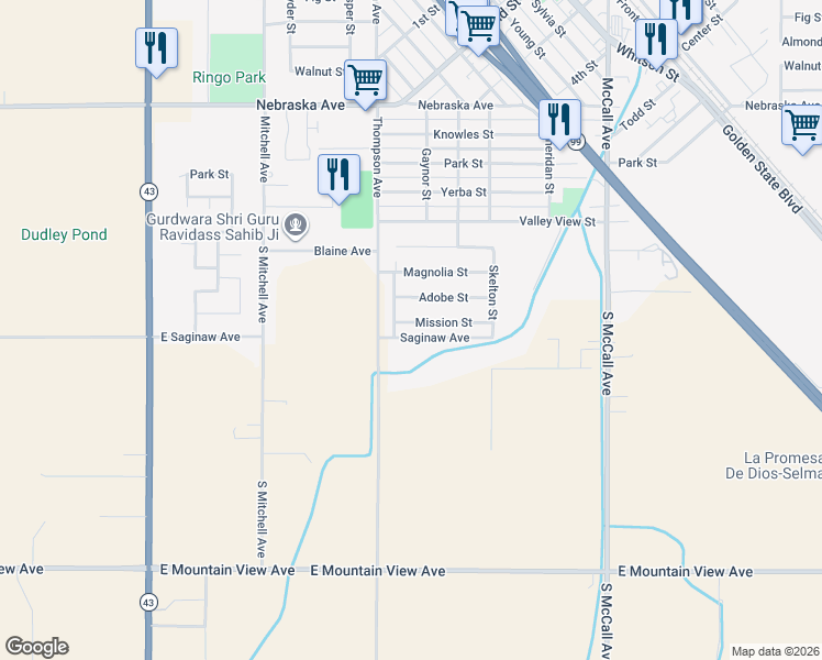 map of restaurants, bars, coffee shops, grocery stores, and more near 2417 Mission St in Selma