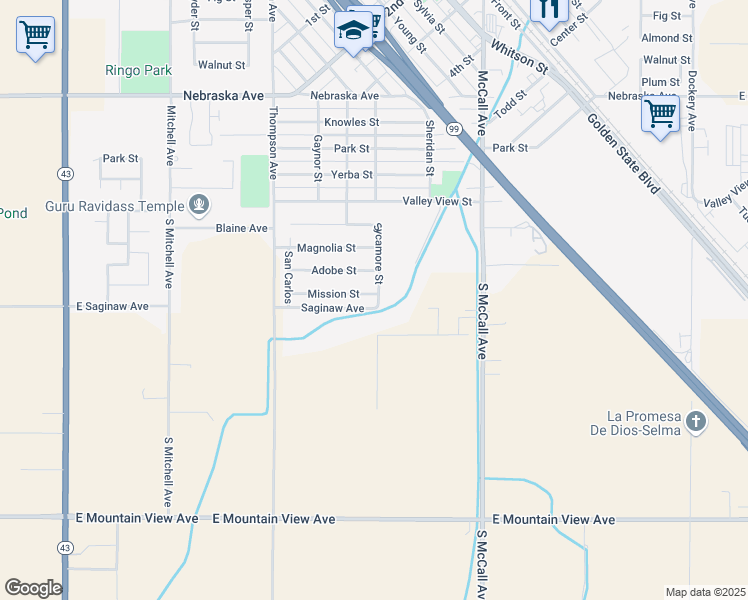 map of restaurants, bars, coffee shops, grocery stores, and more near 2201 Mission St in Selma