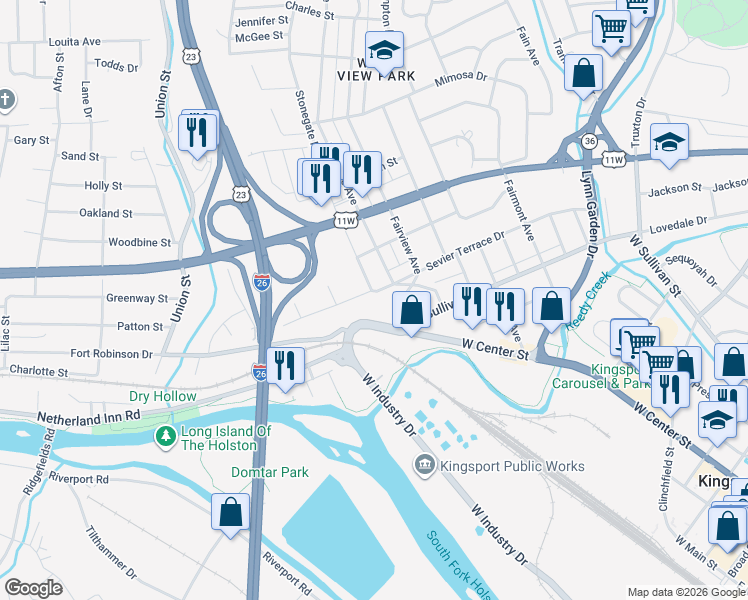 map of restaurants, bars, coffee shops, grocery stores, and more near 1605 Sevier Terrace Drive in Kingsport