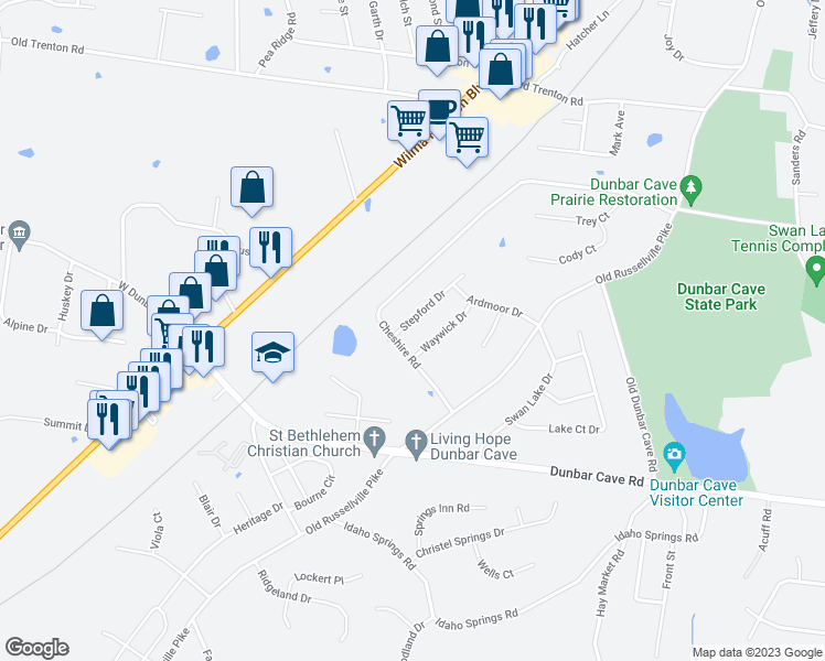 map of restaurants, bars, coffee shops, grocery stores, and more near 1964 Stepford Drive in Clarksville