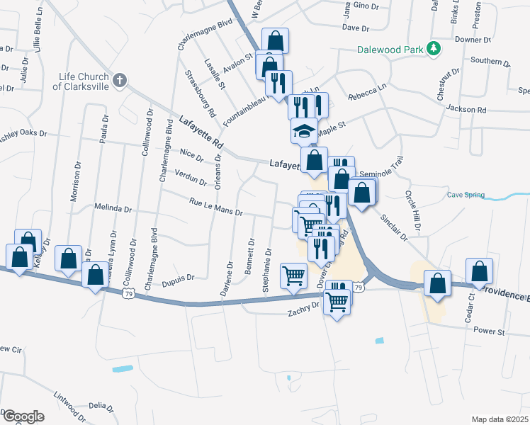 map of restaurants, bars, coffee shops, grocery stores, and more near 283 Rue Le Mans Drive in Clarksville