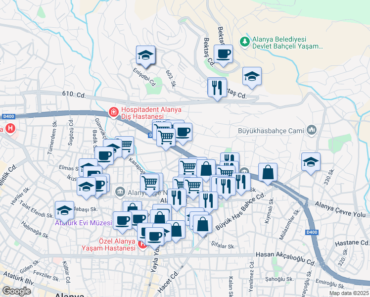 map of restaurants, bars, coffee shops, grocery stores, and more near 15 Koçlar Sokak in Alanya
