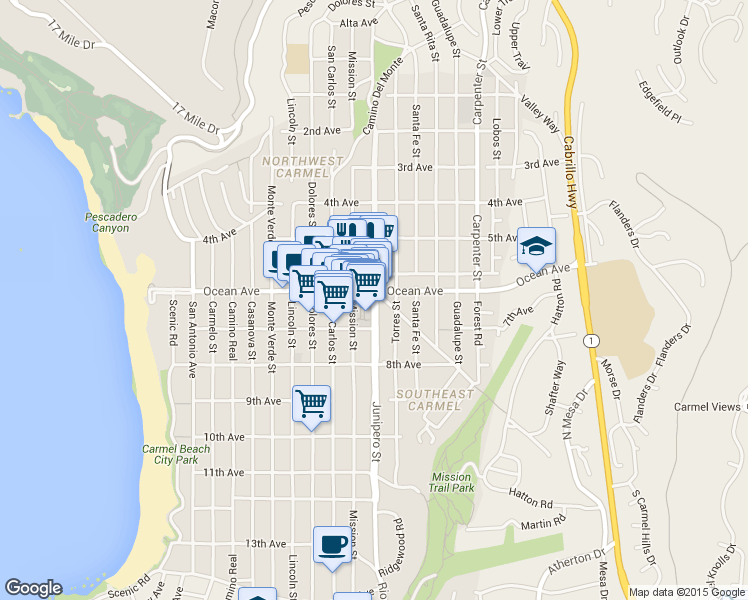 map of restaurants, bars, coffee shops, grocery stores, and more near Junipero Street in Carmel