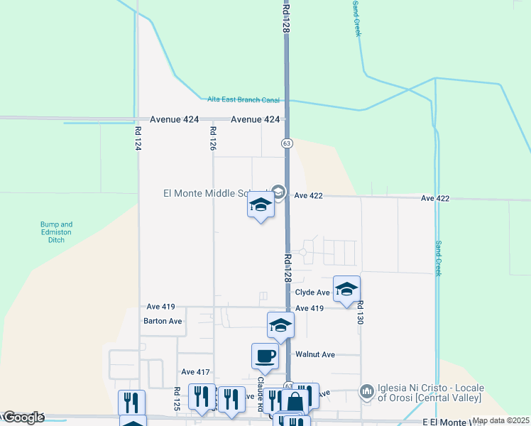 map of restaurants, bars, coffee shops, grocery stores, and more near 42111 Road 128 in Orosi