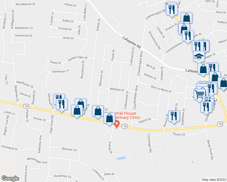 map of restaurants, bars, coffee shops, grocery stores, and more near 408 Melinda Drive in Clarksville