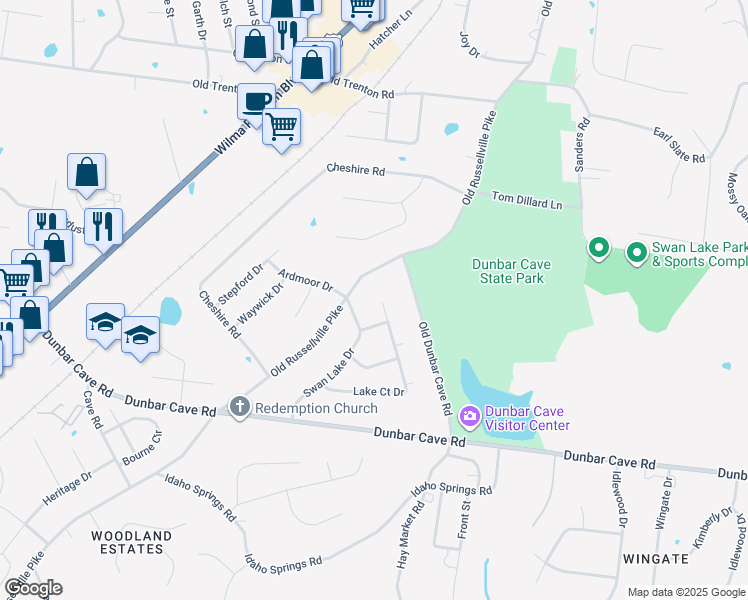 map of restaurants, bars, coffee shops, grocery stores, and more near 347 Lake Court Drive in Clarksville