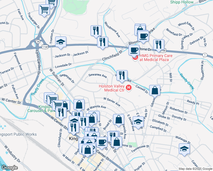 map of restaurants, bars, coffee shops, grocery stores, and more near 248 Cherokee Village Drive in Kingsport