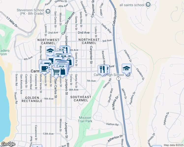 map of restaurants, bars, coffee shops, grocery stores, and more near 3302 Ocean Avenue in Carmel-by-the-Sea