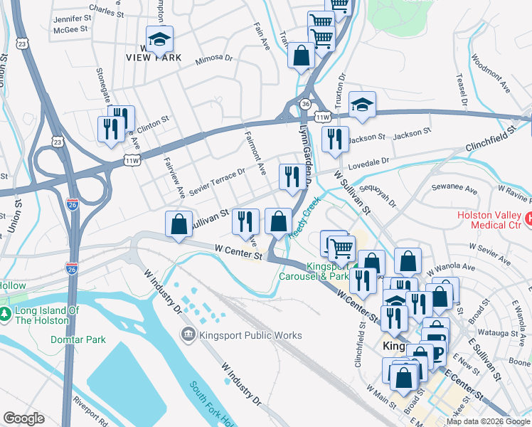 map of restaurants, bars, coffee shops, grocery stores, and more near 1117 Lomax Street in Kingsport