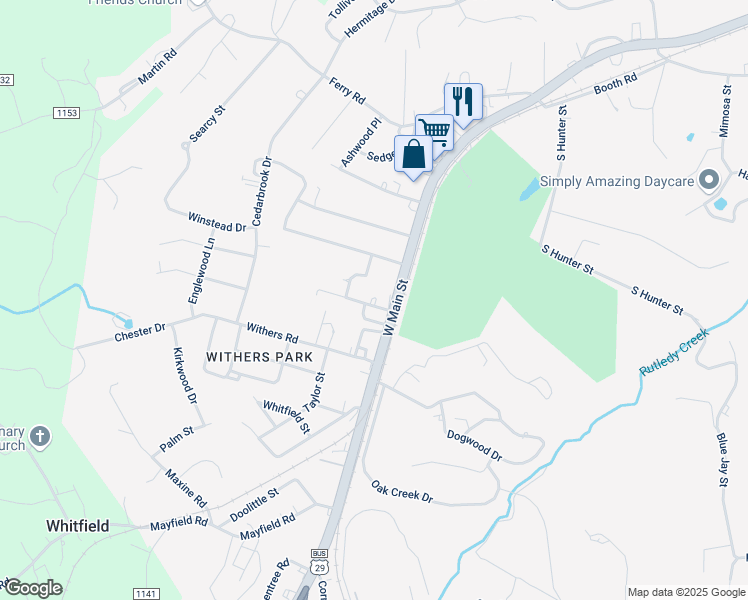 map of restaurants, bars, coffee shops, grocery stores, and more near 2660 West Main Street in Danville