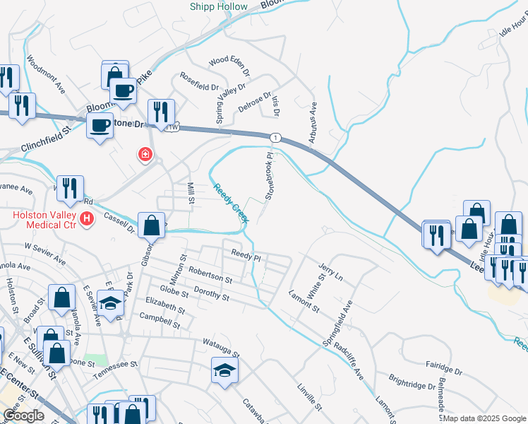 map of restaurants, bars, coffee shops, grocery stores, and more near Stonebrook Place in Kingsport