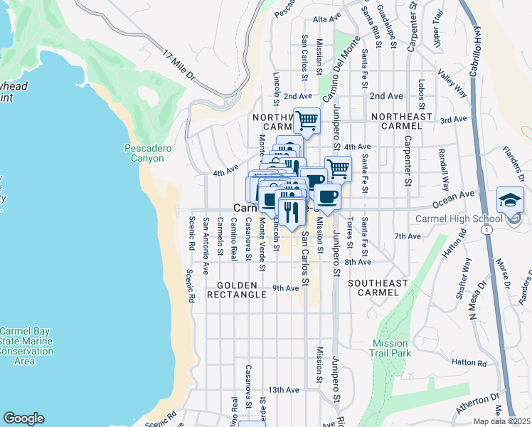 map of restaurants, bars, coffee shops, grocery stores, and more near in Carmel-by-the-Sea