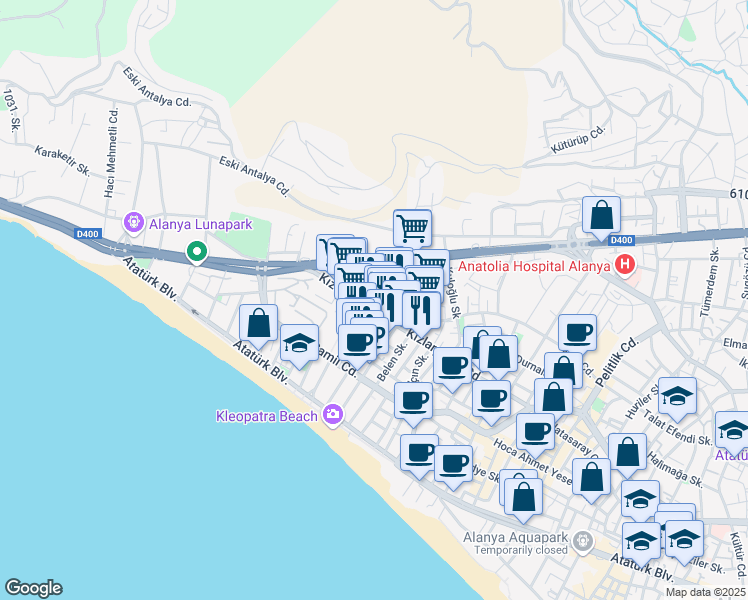 map of restaurants, bars, coffee shops, grocery stores, and more near in Alanya