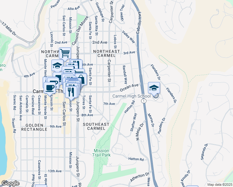 map of restaurants, bars, coffee shops, grocery stores, and more near 3364 Ocean Avenue in Carmel-by-the-Sea