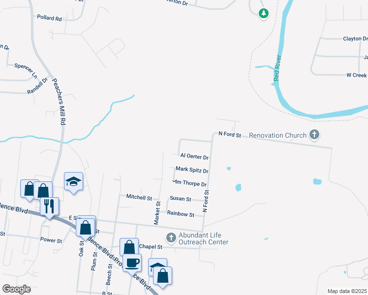 map of restaurants, bars, coffee shops, grocery stores, and more near 503 Bruce Jenner Drive in Clarksville