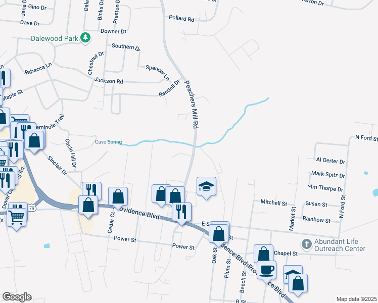 map of restaurants, bars, coffee shops, grocery stores, and more near 701 Peachers Drive in Clarksville