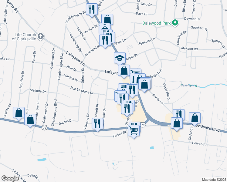map of restaurants, bars, coffee shops, grocery stores, and more near 281 Fritz Circle in Clarksville