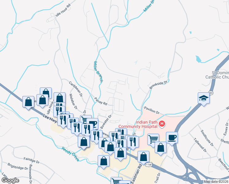 map of restaurants, bars, coffee shops, grocery stores, and more near 2525 Pinebrook Place in Kingsport