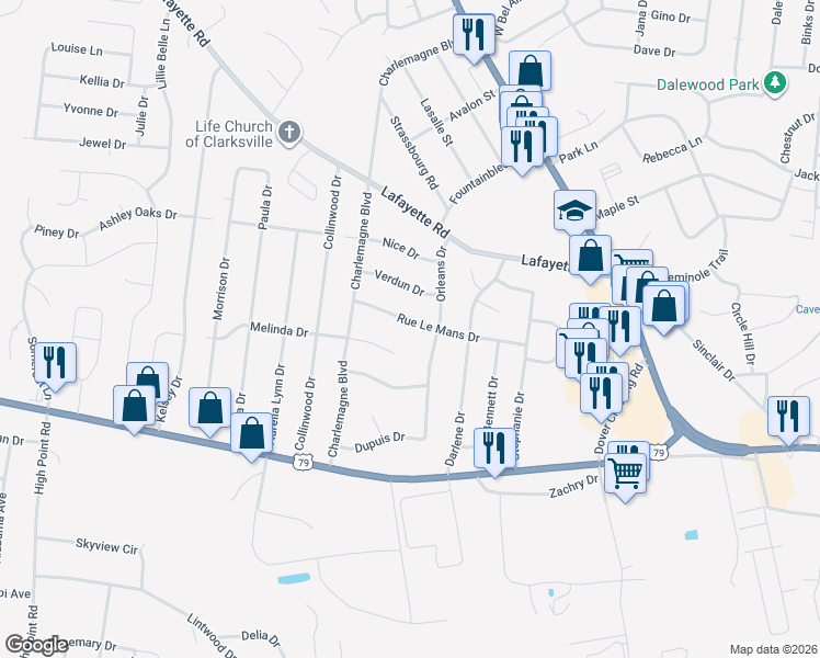 map of restaurants, bars, coffee shops, grocery stores, and more near 304 Rue Le Mans Drive in Clarksville