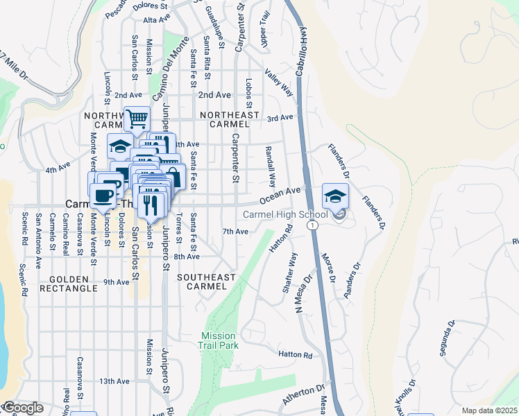 map of restaurants, bars, coffee shops, grocery stores, and more near 3364 Ocean Avenue in Carmel-by-the-Sea