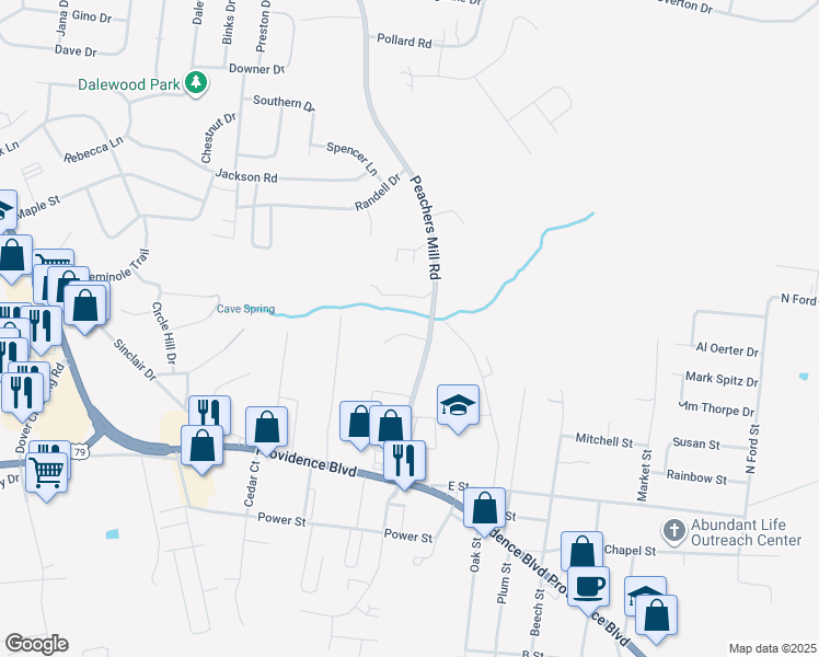 map of restaurants, bars, coffee shops, grocery stores, and more near 705 Peachers Drive in Clarksville