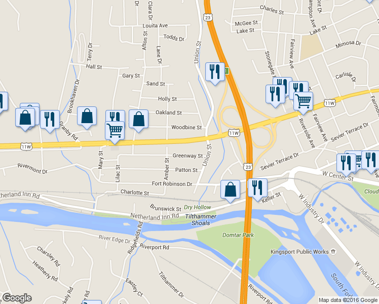 map of restaurants, bars, coffee shops, grocery stores, and more near 1928 Greenway St in Kingsport