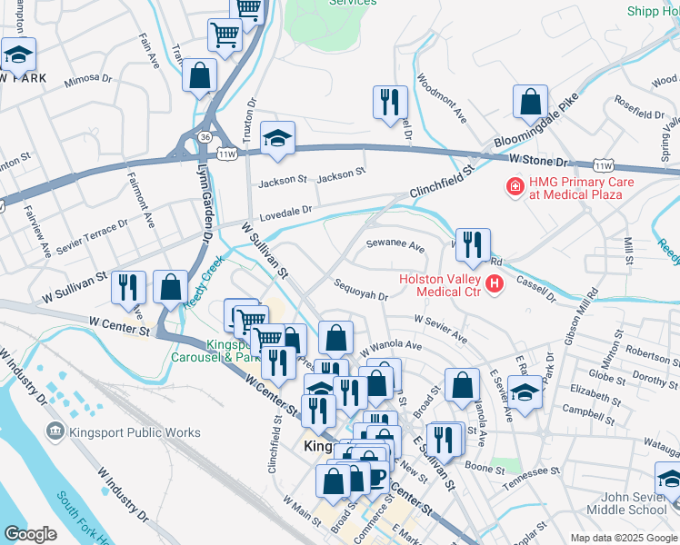 map of restaurants, bars, coffee shops, grocery stores, and more near 609 Clinchfield Street in Kingsport