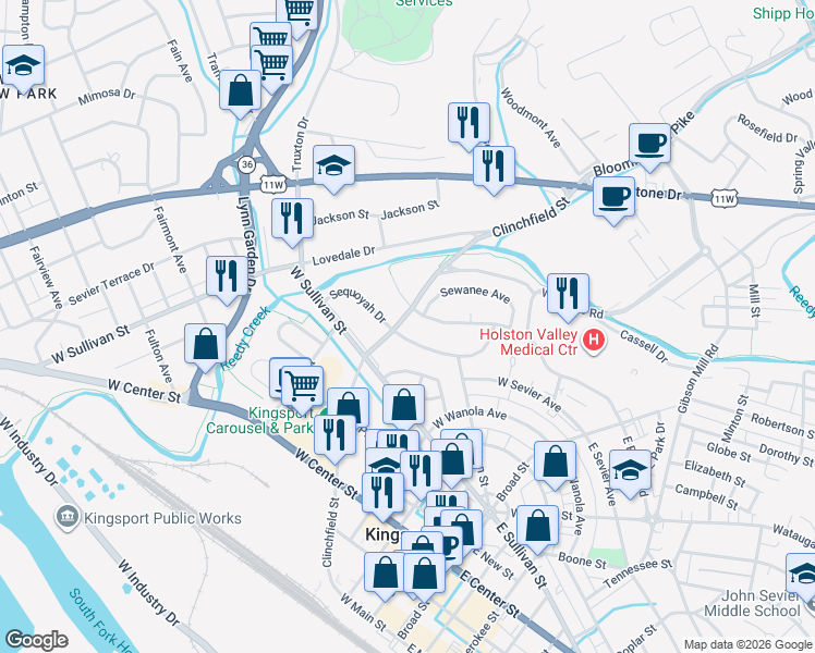 map of restaurants, bars, coffee shops, grocery stores, and more near 609 Clinchfield Street in Kingsport
