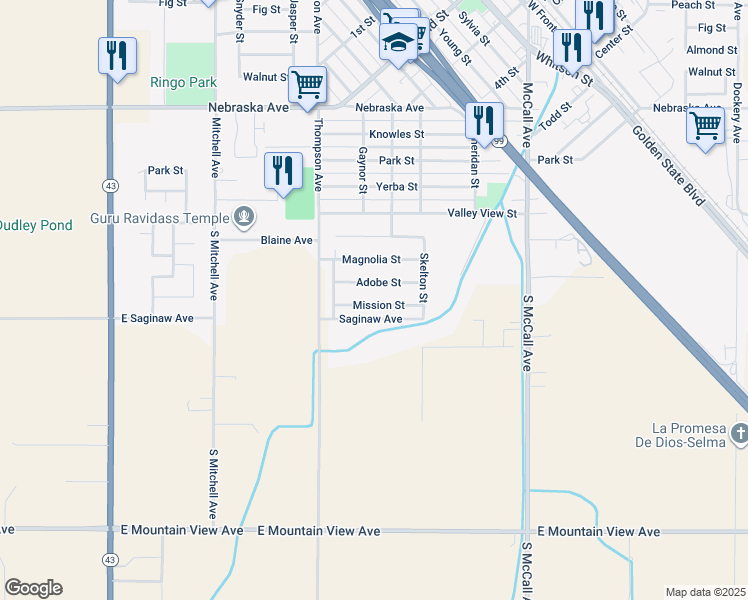 map of restaurants, bars, coffee shops, grocery stores, and more near 2320 Mission St in Selma