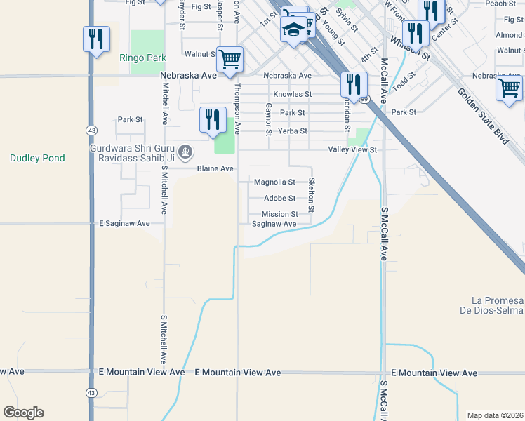 map of restaurants, bars, coffee shops, grocery stores, and more near 2412 Mission St in Selma