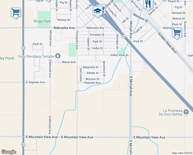 map of restaurants, bars, coffee shops, grocery stores, and more near 2230 Mission St in Selma