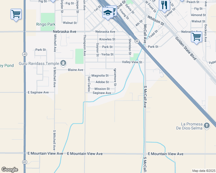 map of restaurants, bars, coffee shops, grocery stores, and more near 2224 Mission St in Selma